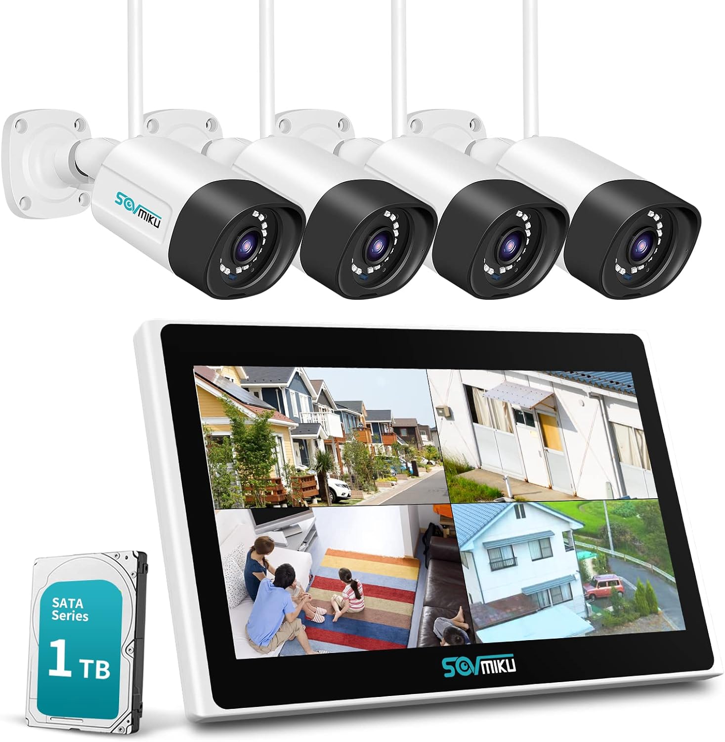 防犯カメラ ワイヤレスSovmiku 10インチ超 モニタ一体型NVR 1536P 500万画素ワイヤレスカメラ4台セット 8チャンネルまで増設可 遠隔監視 防水等級ip66 AI動体検知 防犯カメラ