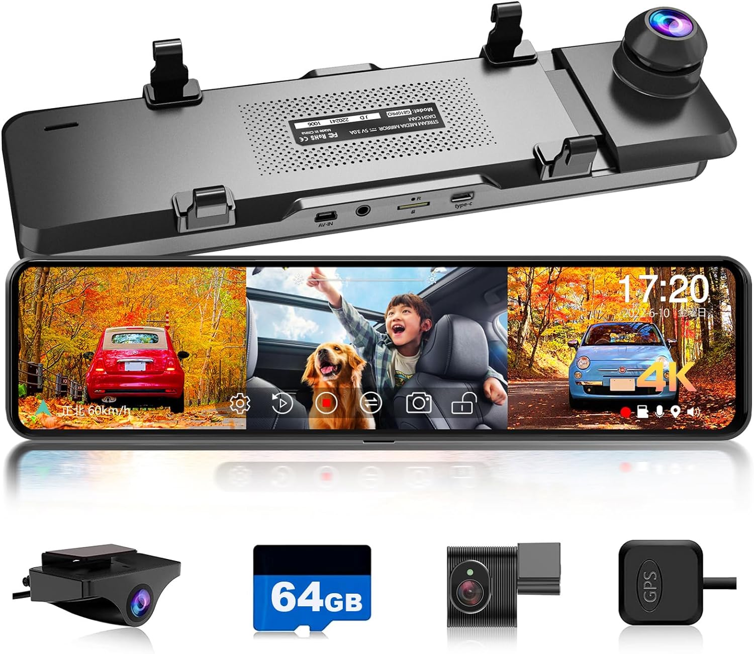 JADO ドライブレコーダー ミラー型 3カメラ 4K 高画質 高耐久 Type C採用 赤外線暗視 3カメラ 同時録画 同時表示 IMX415センサー 右ハンドル 液晶スクリーン 超暗視機能搭載 車
