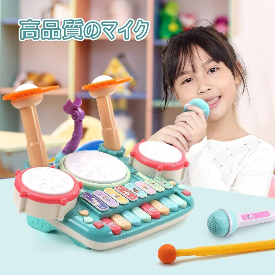 5in1楽器玩具 音楽おもちゃ ドラムおもちゃ ピアノキーボード ドラム 木琴 マイク2個付き ドウムギター 多機能 音楽 & ライト
